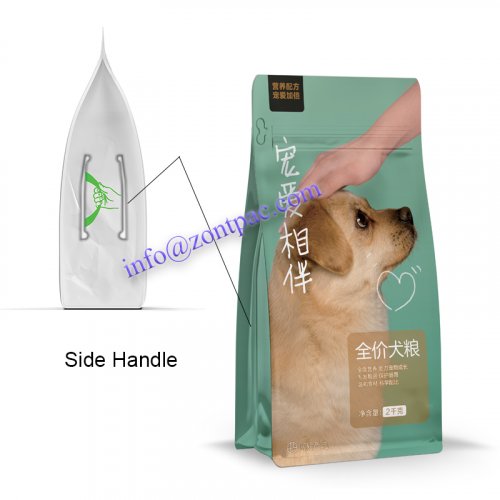Side handle bag with block bottom for pet food